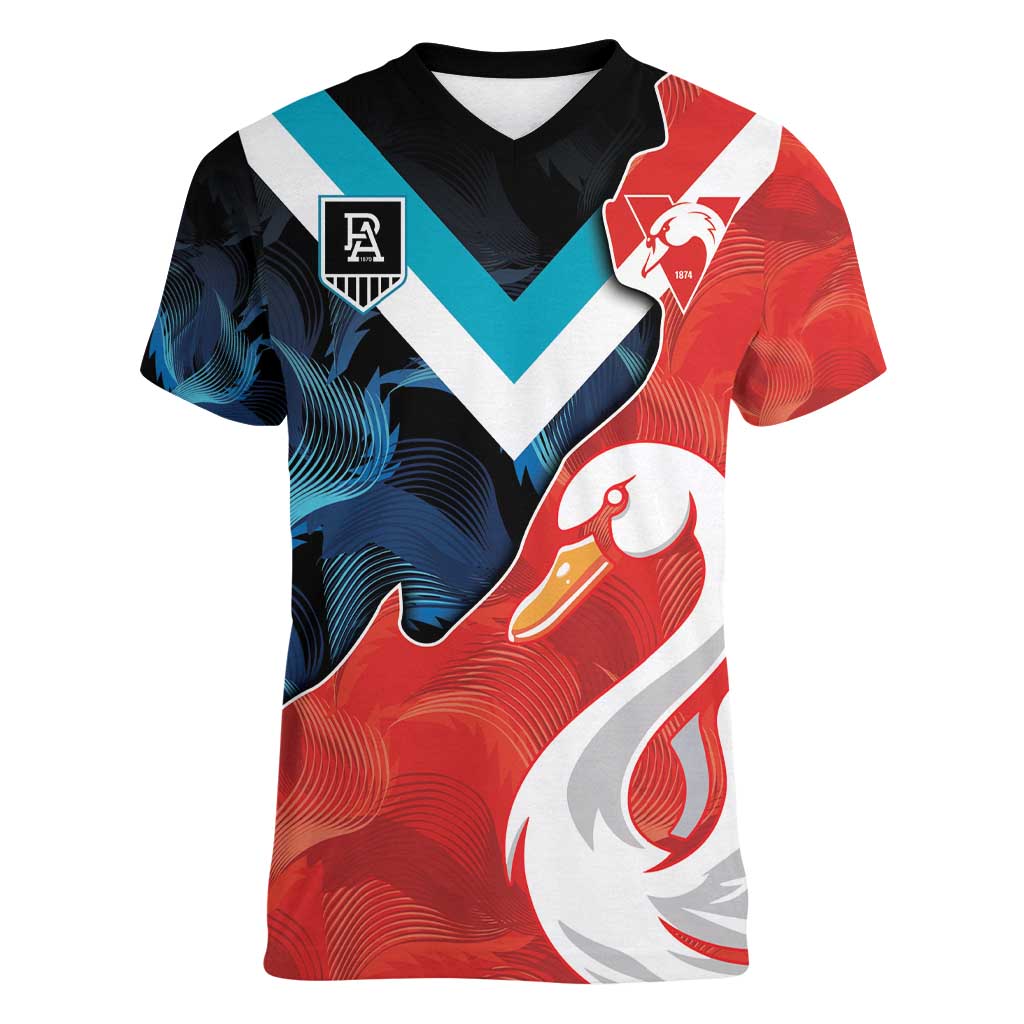 Swans-Port Adelaide Football Custom Women V-Neck T-Shirt Cracked Metal Style