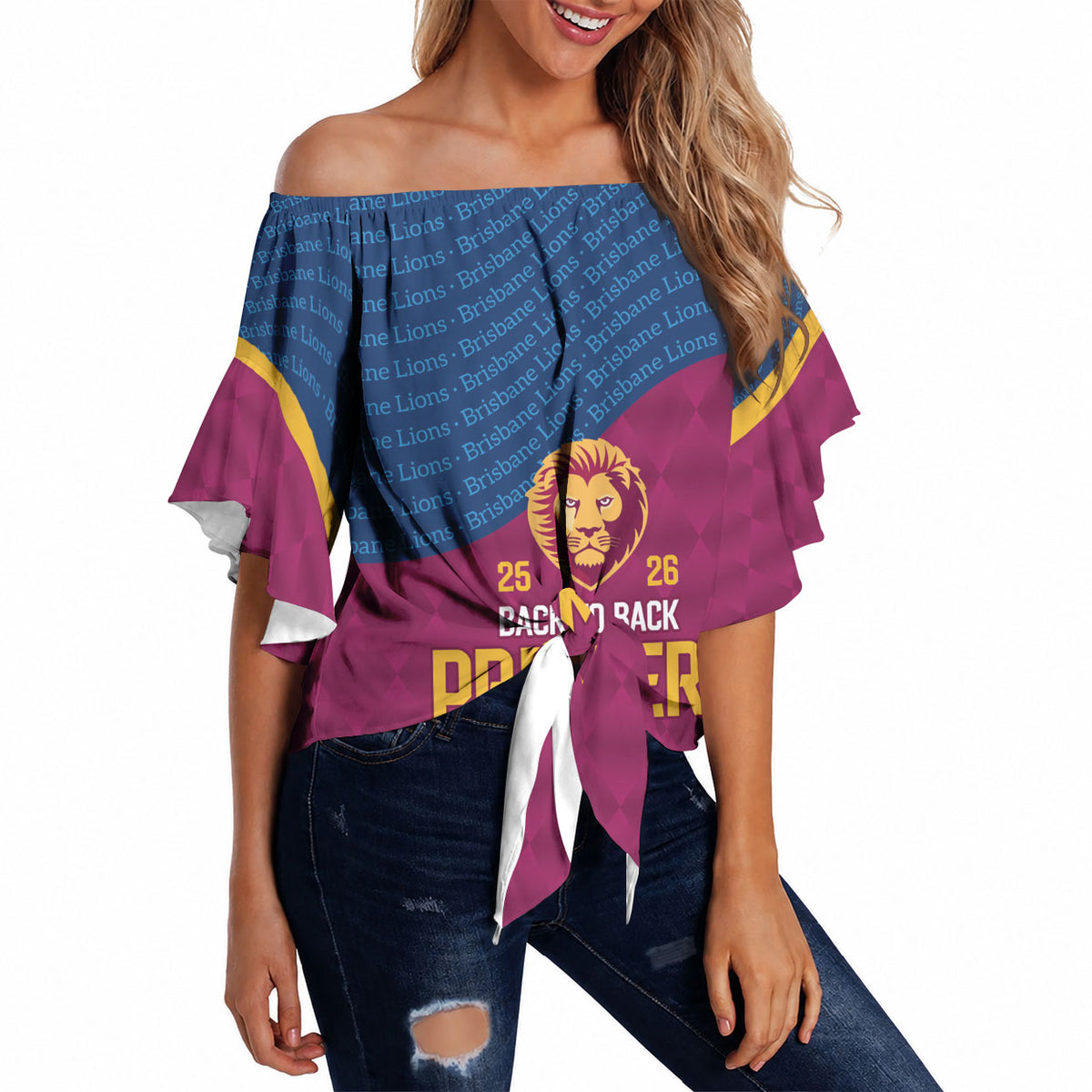 Brisbane Lions Back-to-Back Premiers Off Shoulder Wrap Waist Top