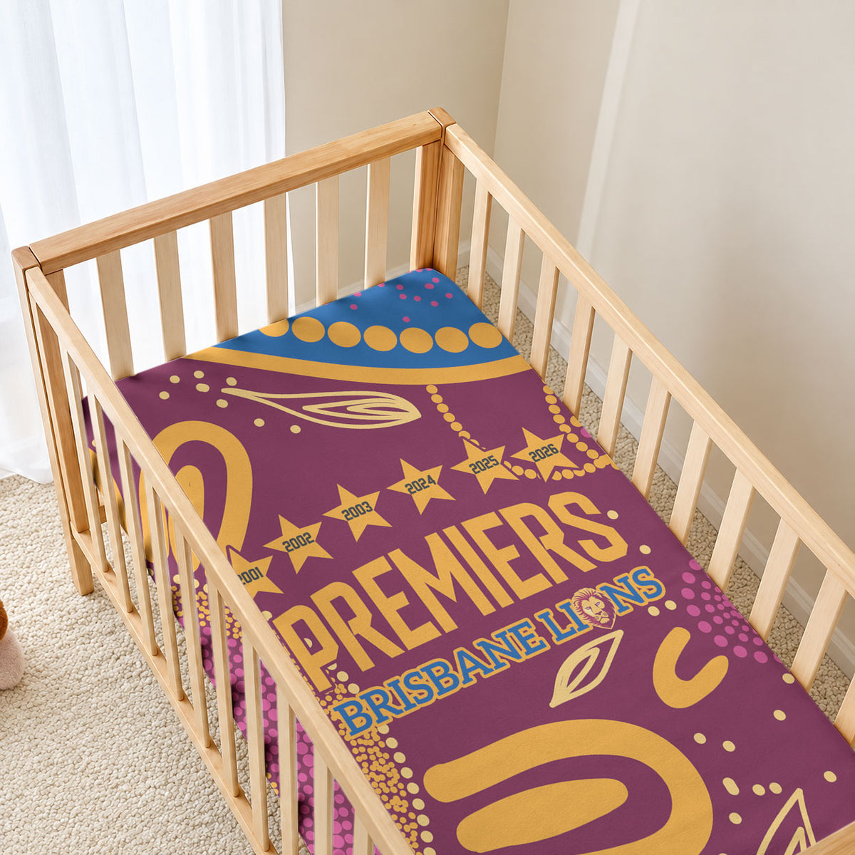 Brisbane Lions Championship Legacy Baby Bed Cover Six Premiership Years Aboriginal Dot Art