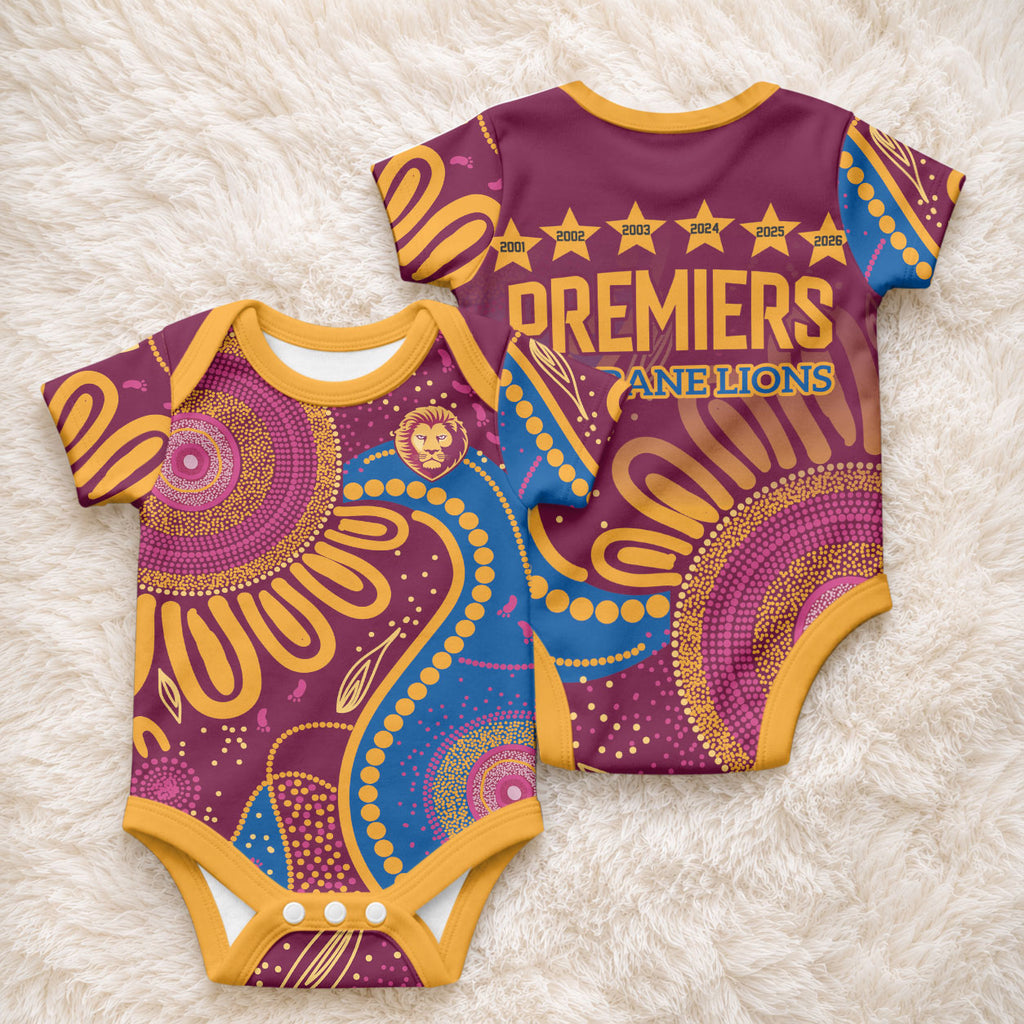 Brisbane Lions Championship Legacy Baby Onesie Six Premiership Years Aboriginal Dot Art