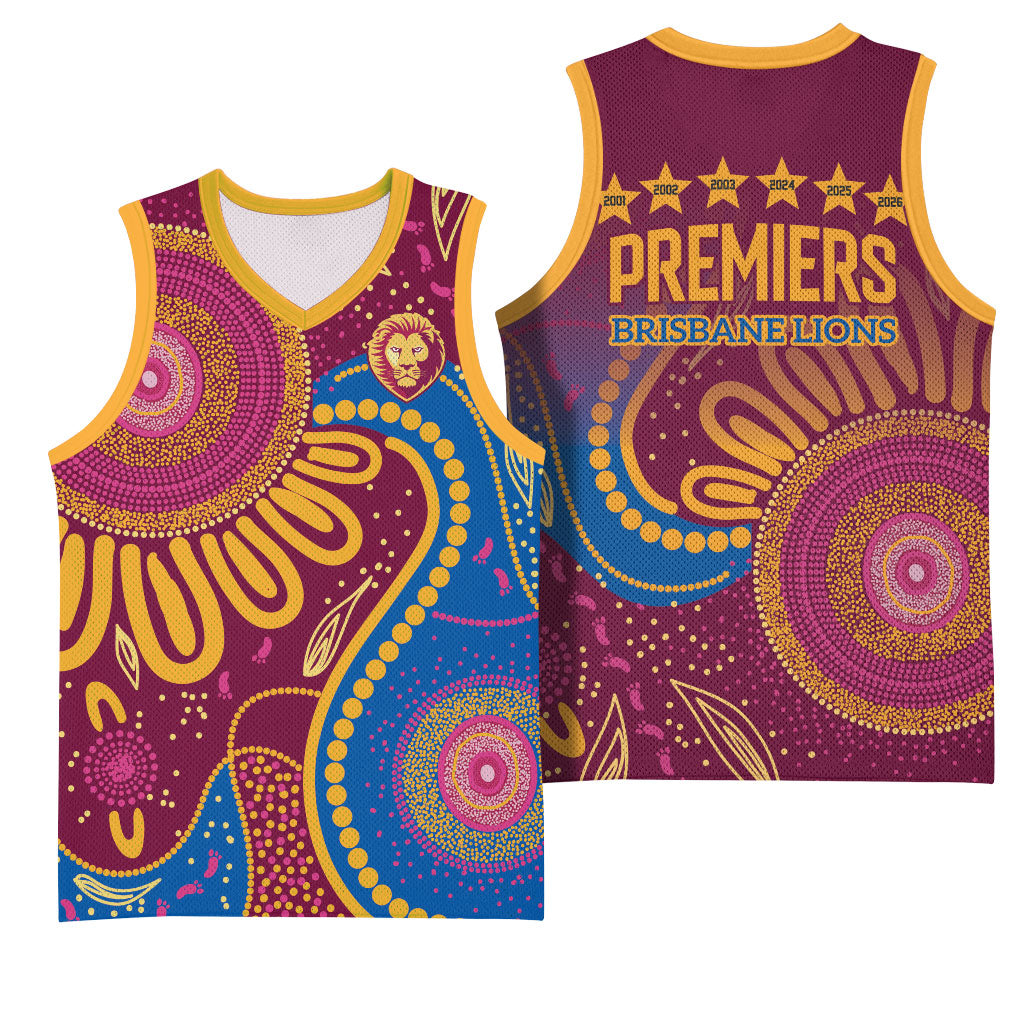 Brisbane Lions Championship Legacy Basketball Jersey Six Premiership Years Aboriginal Dot Art