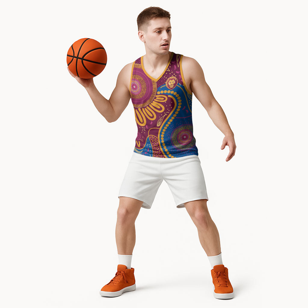 Brisbane Lions Championship Legacy Basketball Jersey Six Premiership Years Aboriginal Dot Art