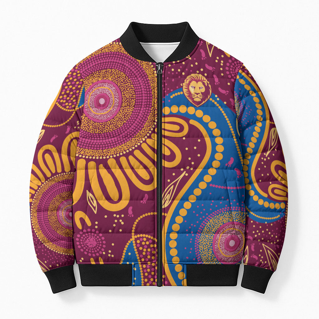 Brisbane Lions Championship Legacy Bomber Puffer Jacket Six Premiership Years Aboriginal Dot Art