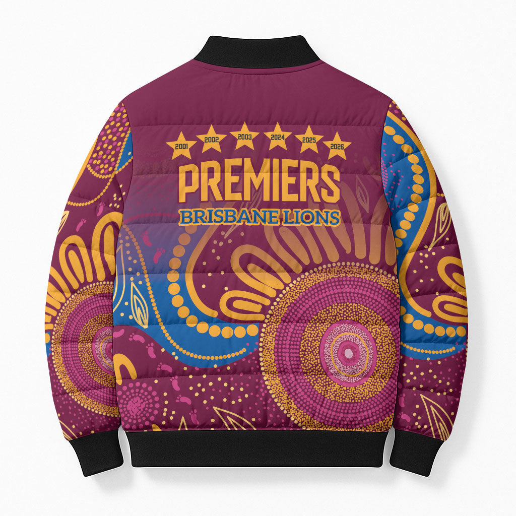 Brisbane Lions Championship Legacy Bomber Puffer Jacket Six Premiership Years Aboriginal Dot Art