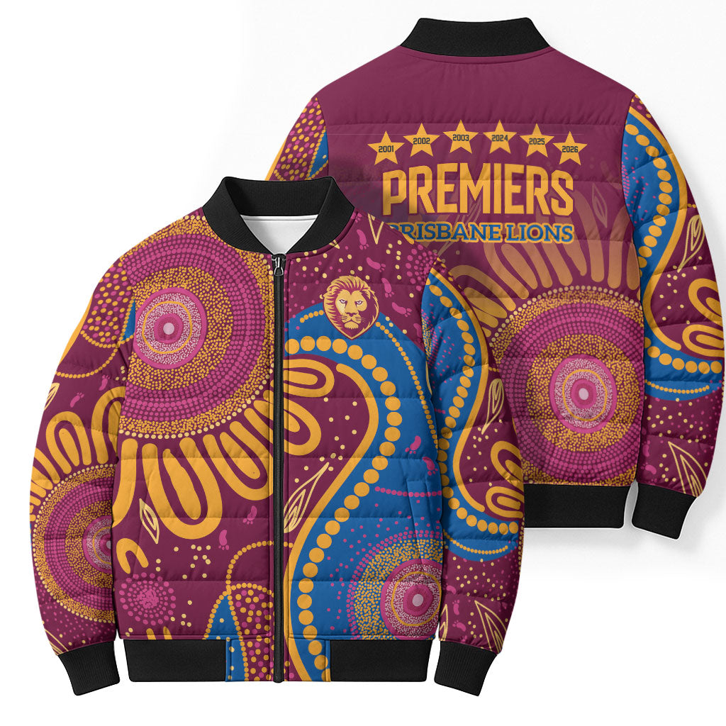Brisbane Lions Championship Legacy Bomber Puffer Jacket Six Premiership Years Aboriginal Dot Art
