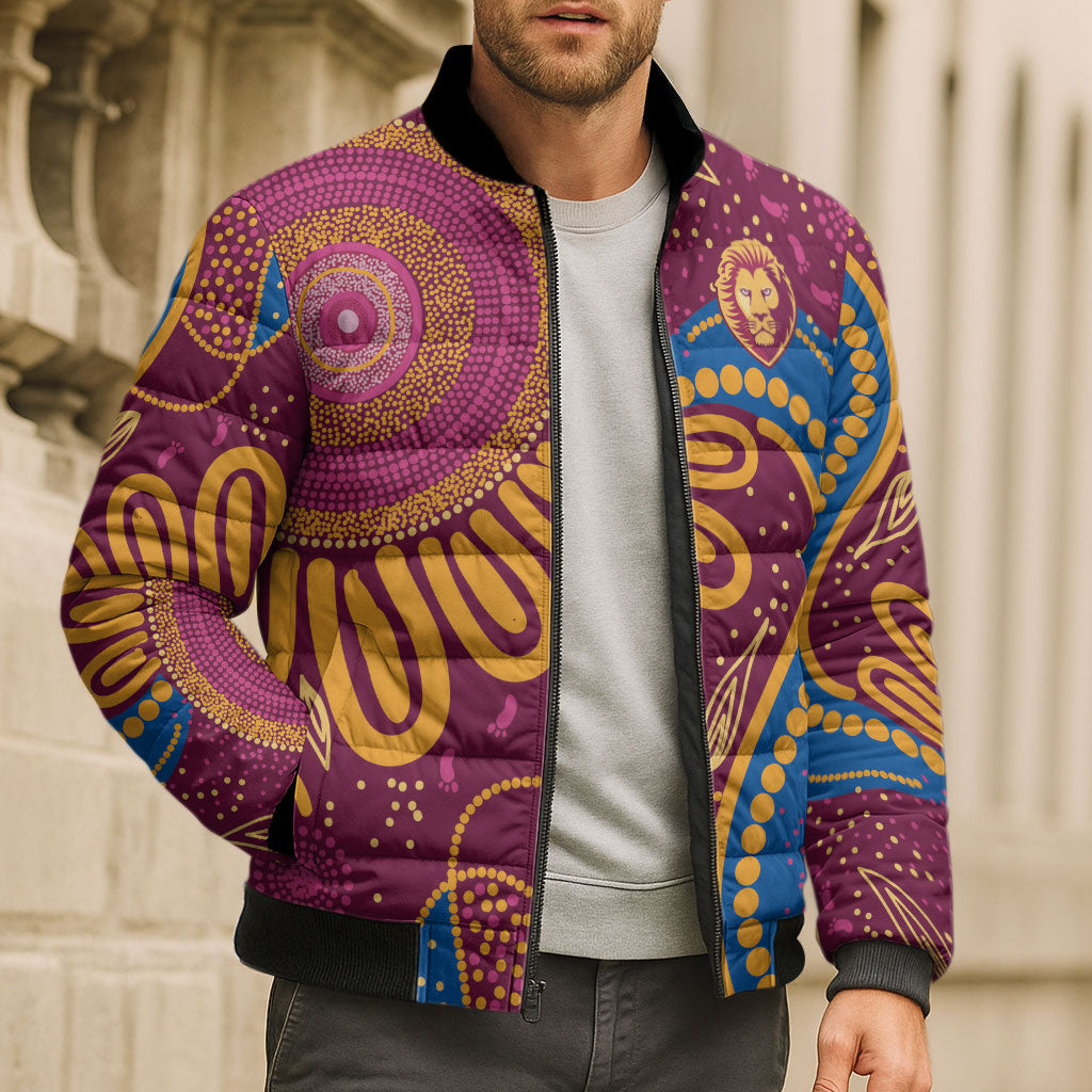 Brisbane Lions Championship Legacy Bomber Puffer Jacket Six Premiership Years Aboriginal Dot Art