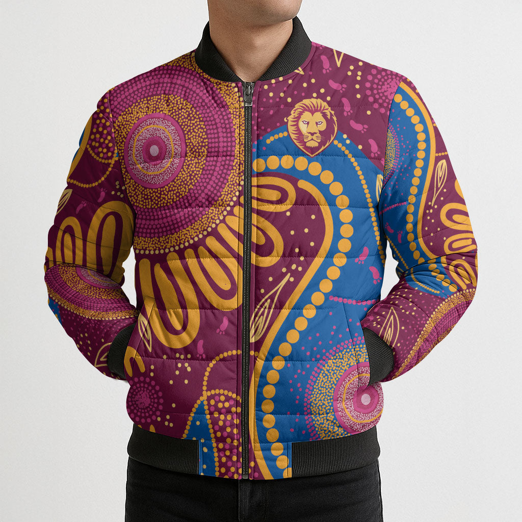 Brisbane Lions Championship Legacy Bomber Puffer Jacket Six Premiership Years Aboriginal Dot Art