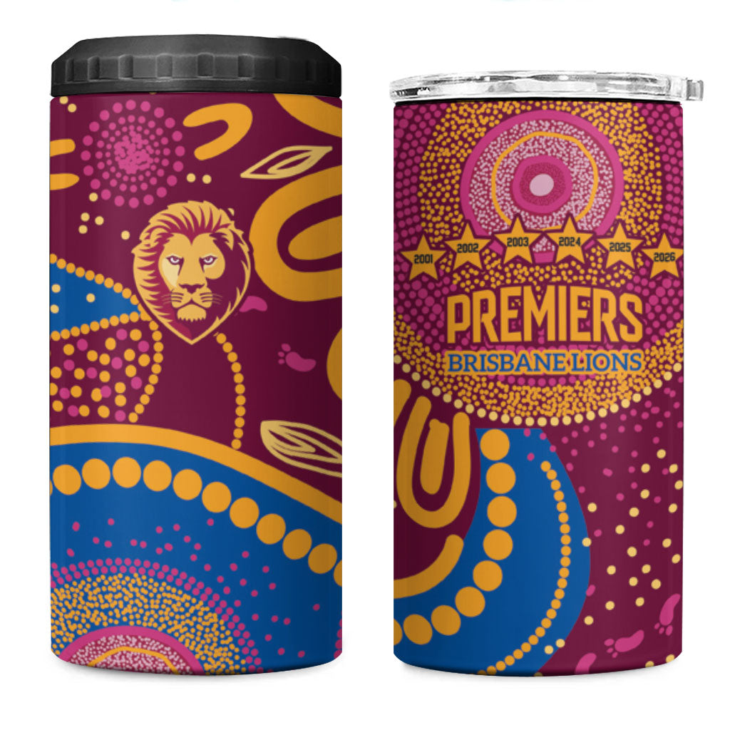 Brisbane Lions Championship Legacy 4 in 1 Can Cooler Tumbler Six Premiership Years Aboriginal Dot Art