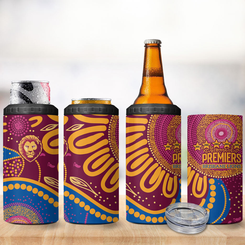 Brisbane Lions Championship Legacy 4 in 1 Can Cooler Tumbler Six Premiership Years Aboriginal Dot Art