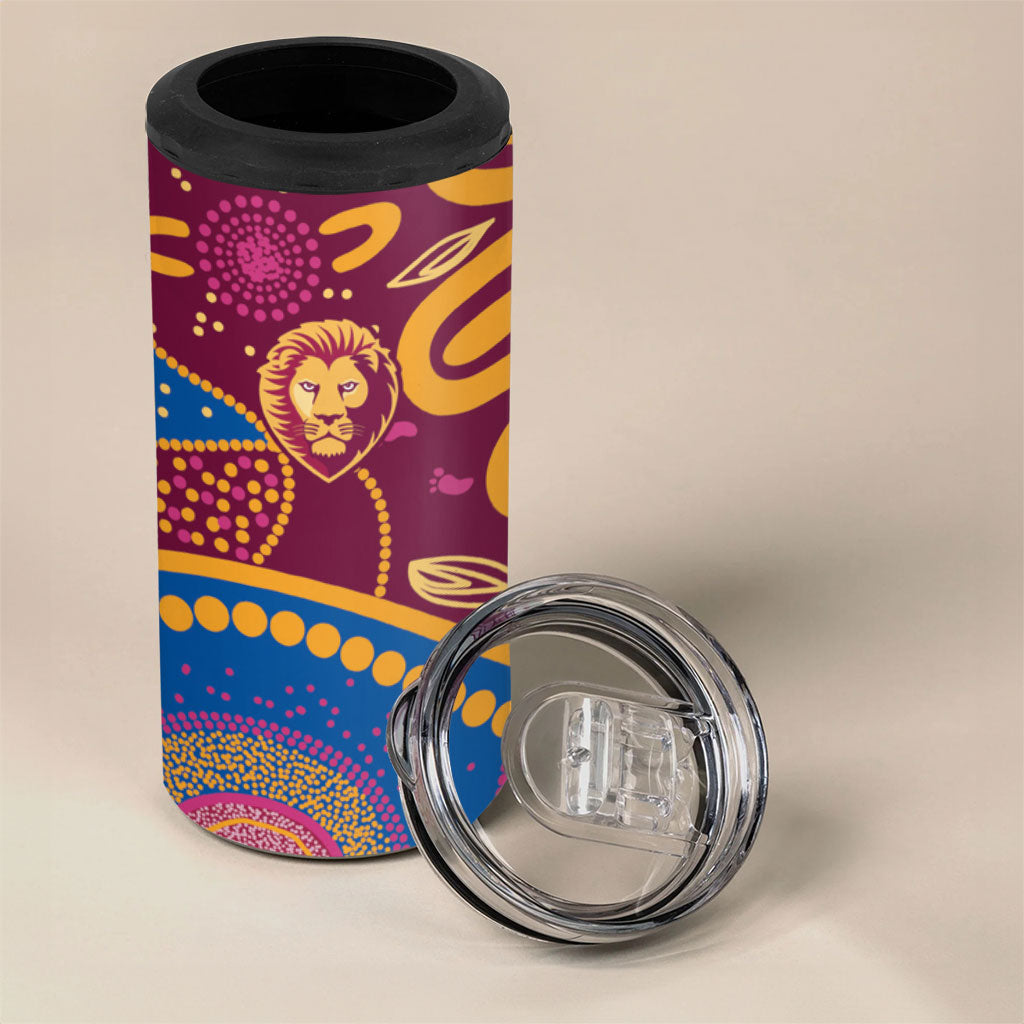 Brisbane Lions Championship Legacy 4 in 1 Can Cooler Tumbler Six Premiership Years Aboriginal Dot Art
