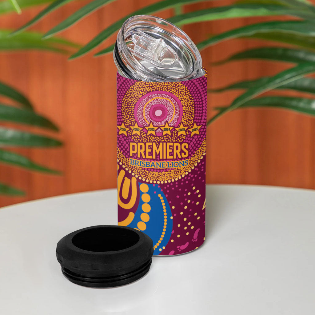 Brisbane Lions Championship Legacy 4 in 1 Can Cooler Tumbler Six Premiership Years Aboriginal Dot Art