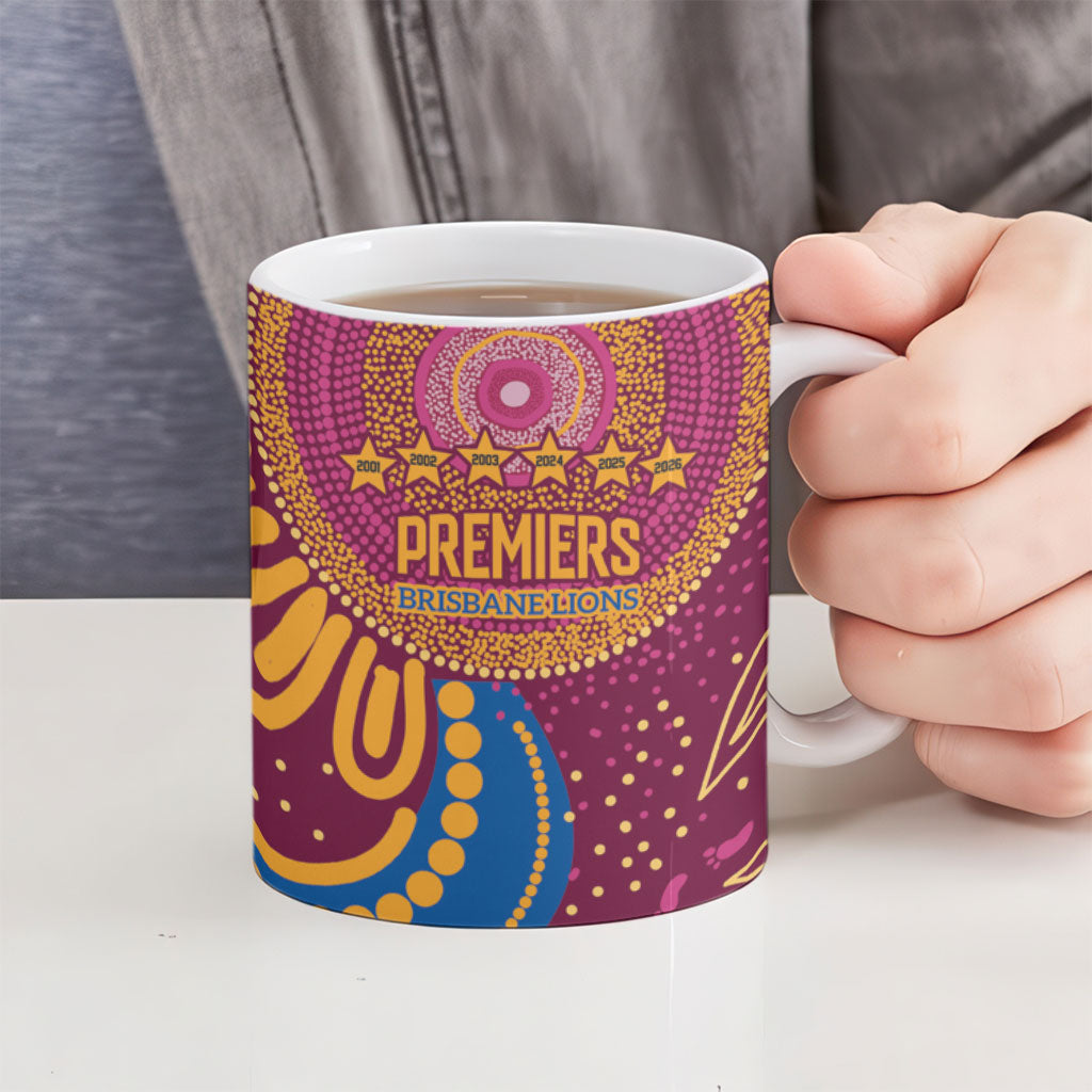 Brisbane Lions Championship Legacy Ceramic Mug Six Premiership Years Aboriginal Dot Art