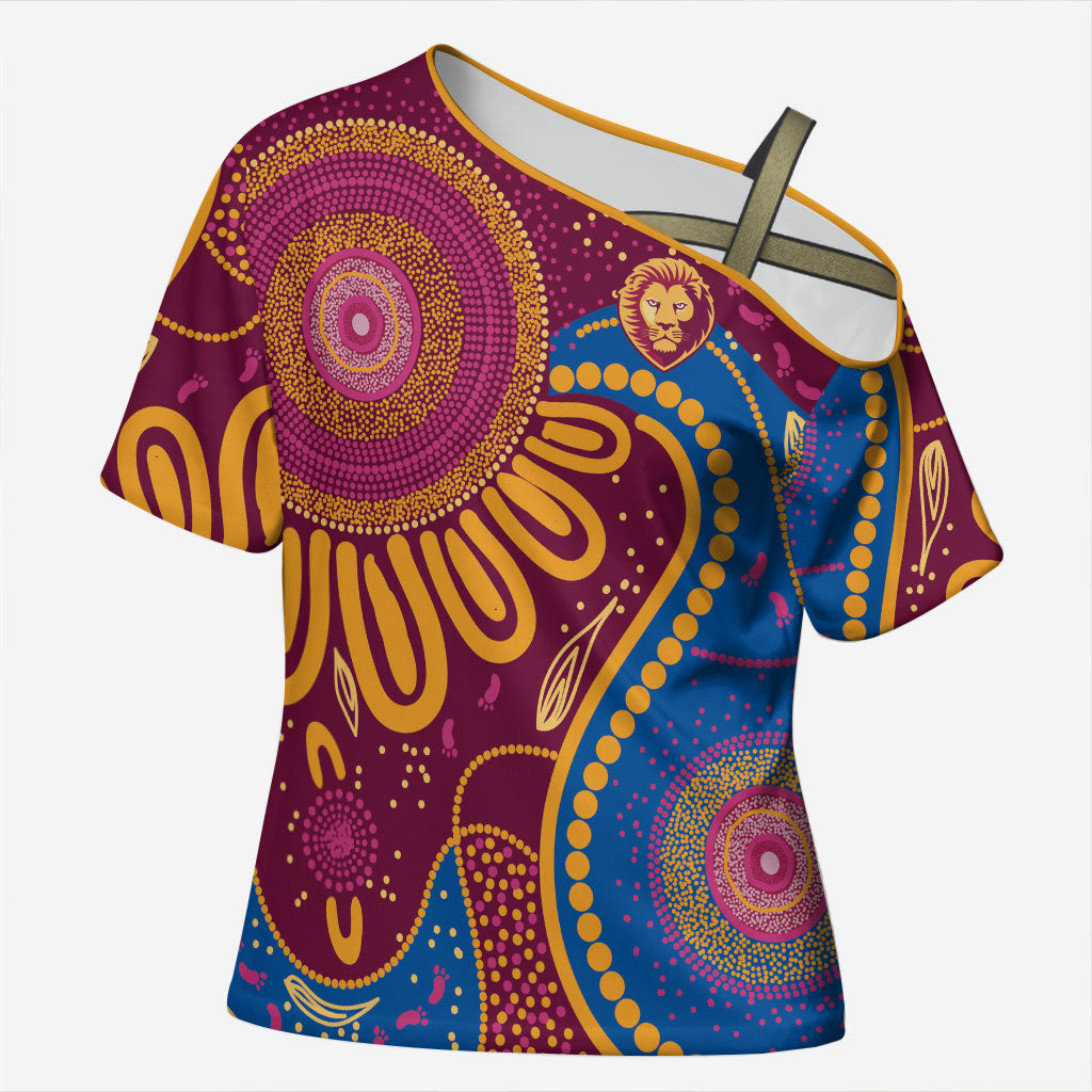 Brisbane Lions Championship Legacy Cross Shoulder Shirt Six Premiership Years Aboriginal Dot Art
