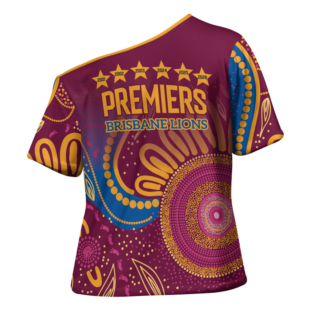 Brisbane Lions Championship Legacy Cross Shoulder Shirt Six Premiership Years Aboriginal Dot Art