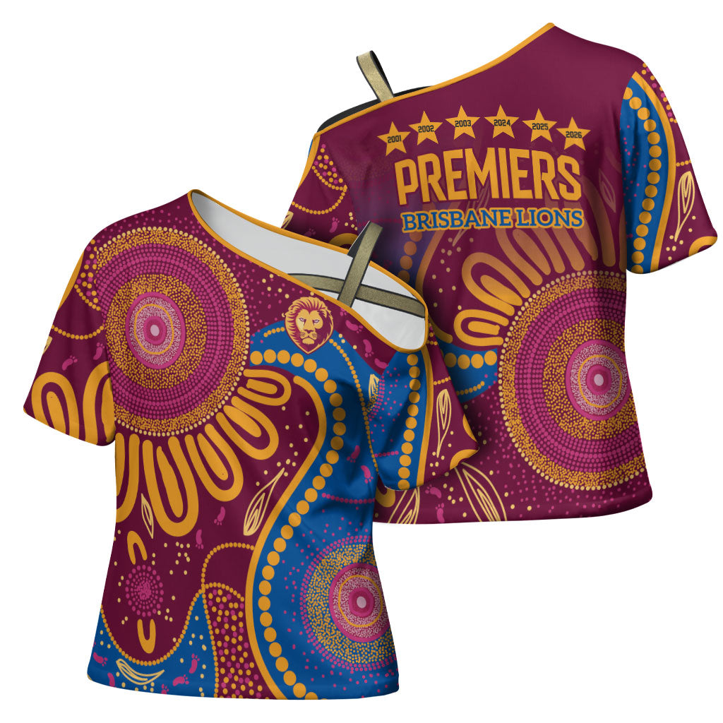 Brisbane Lions Championship Legacy Cross Shoulder Shirt Six Premiership Years Aboriginal Dot Art