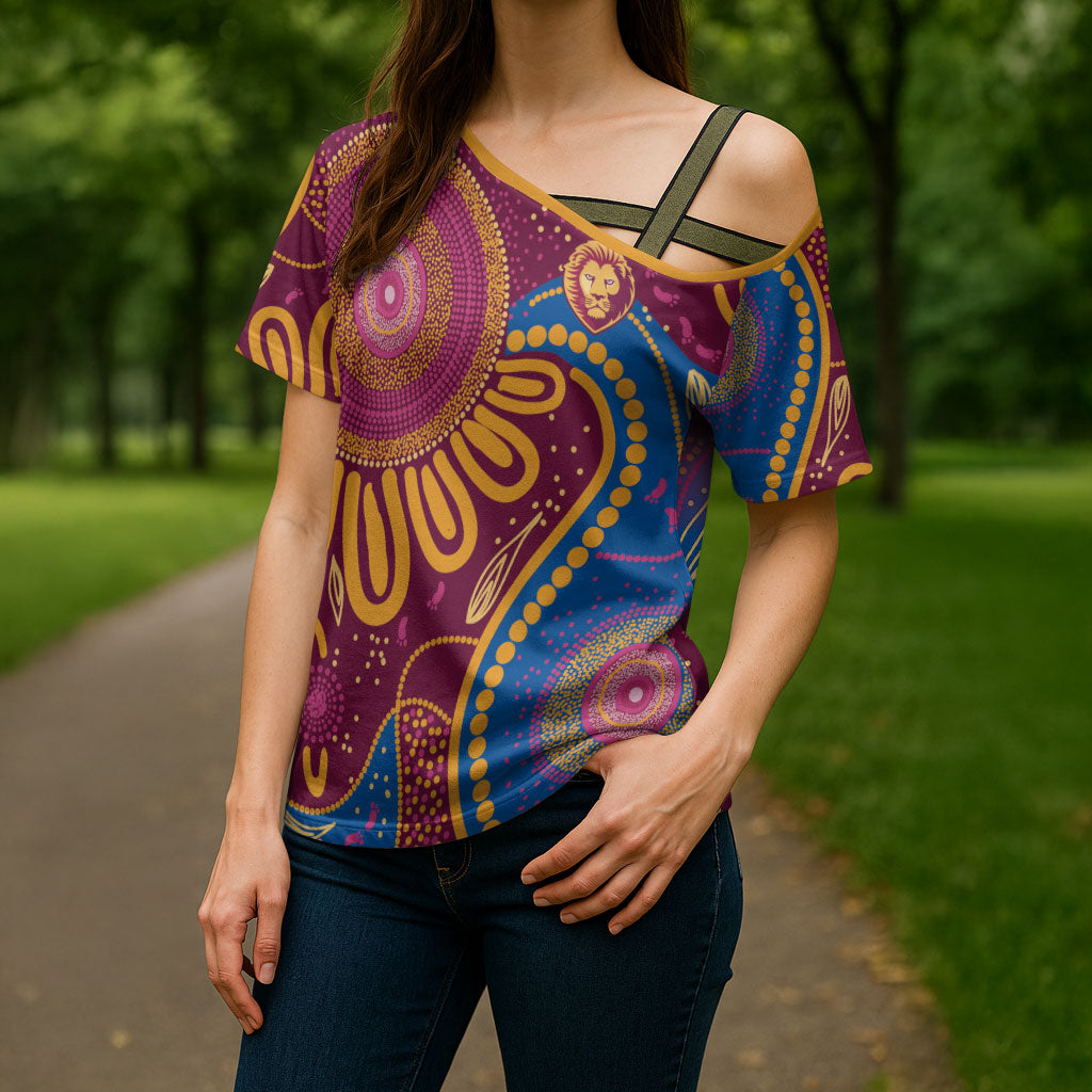 Brisbane Lions Championship Legacy Cross Shoulder Shirt Six Premiership Years Aboriginal Dot Art