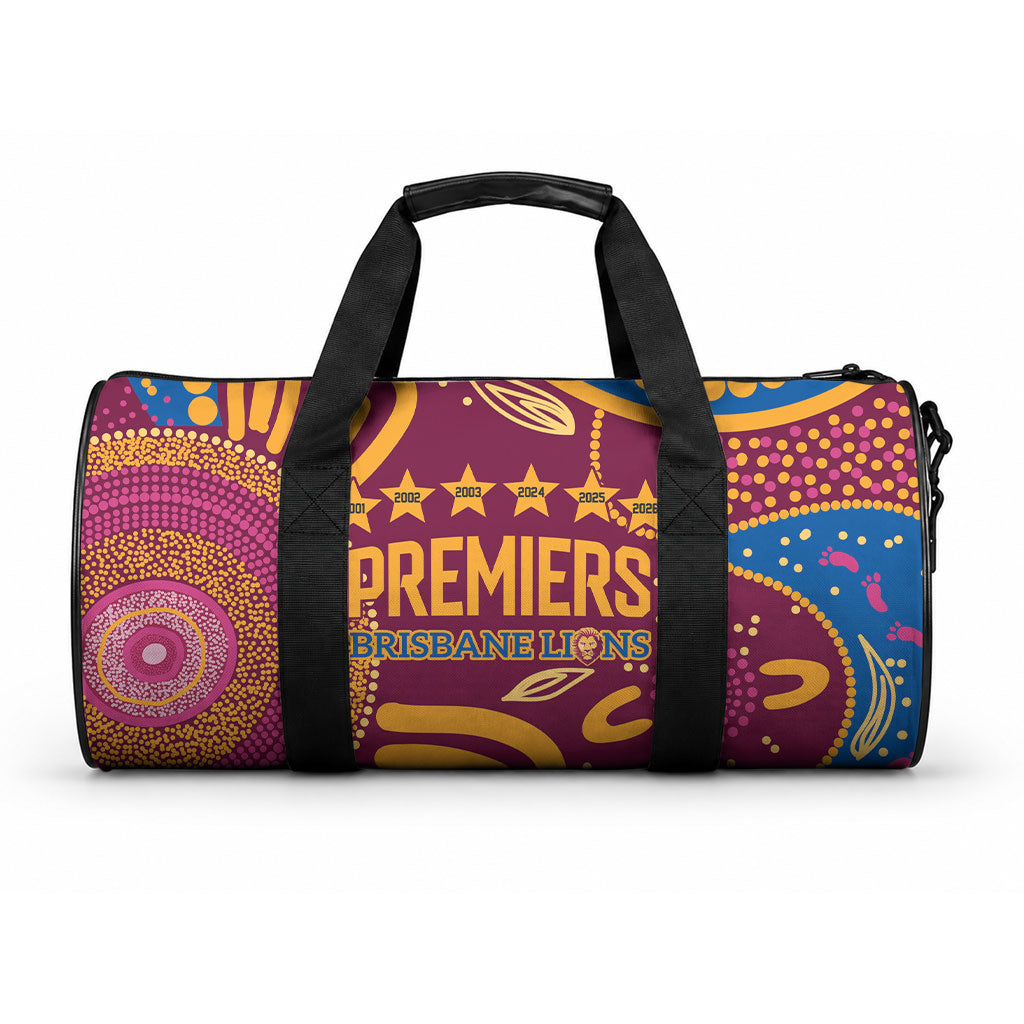 Brisbane Lions Championship Legacy Duffle Bag Six Premiership Years Aboriginal Dot Art