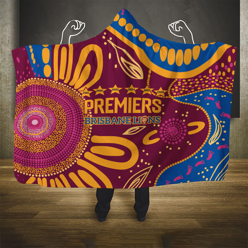 Brisbane Lions Championship Legacy Hooded Blanket Six Premiership Years Aboriginal Dot Art