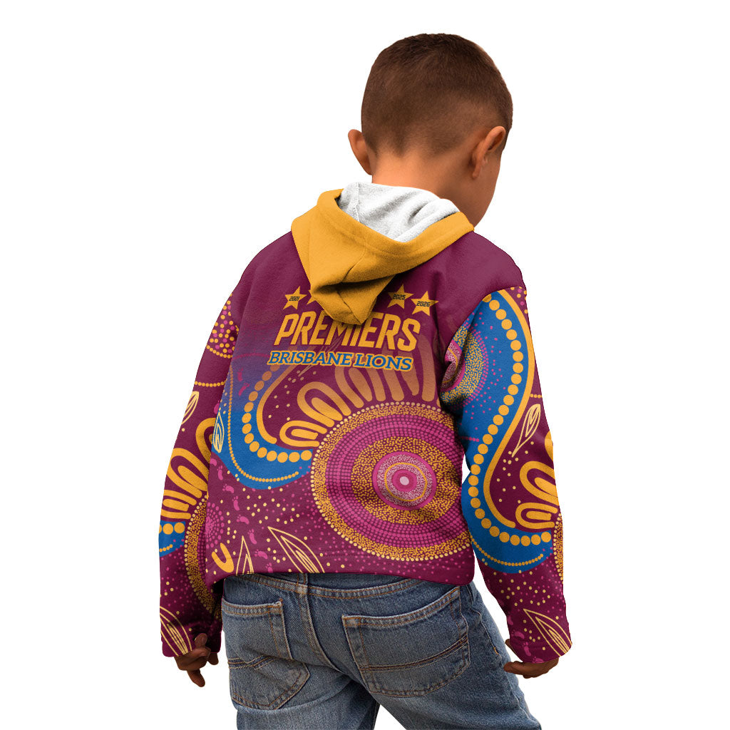 Brisbane Lions Championship Legacy Kid Hoodie Six Premiership Years Aboriginal Dot Art