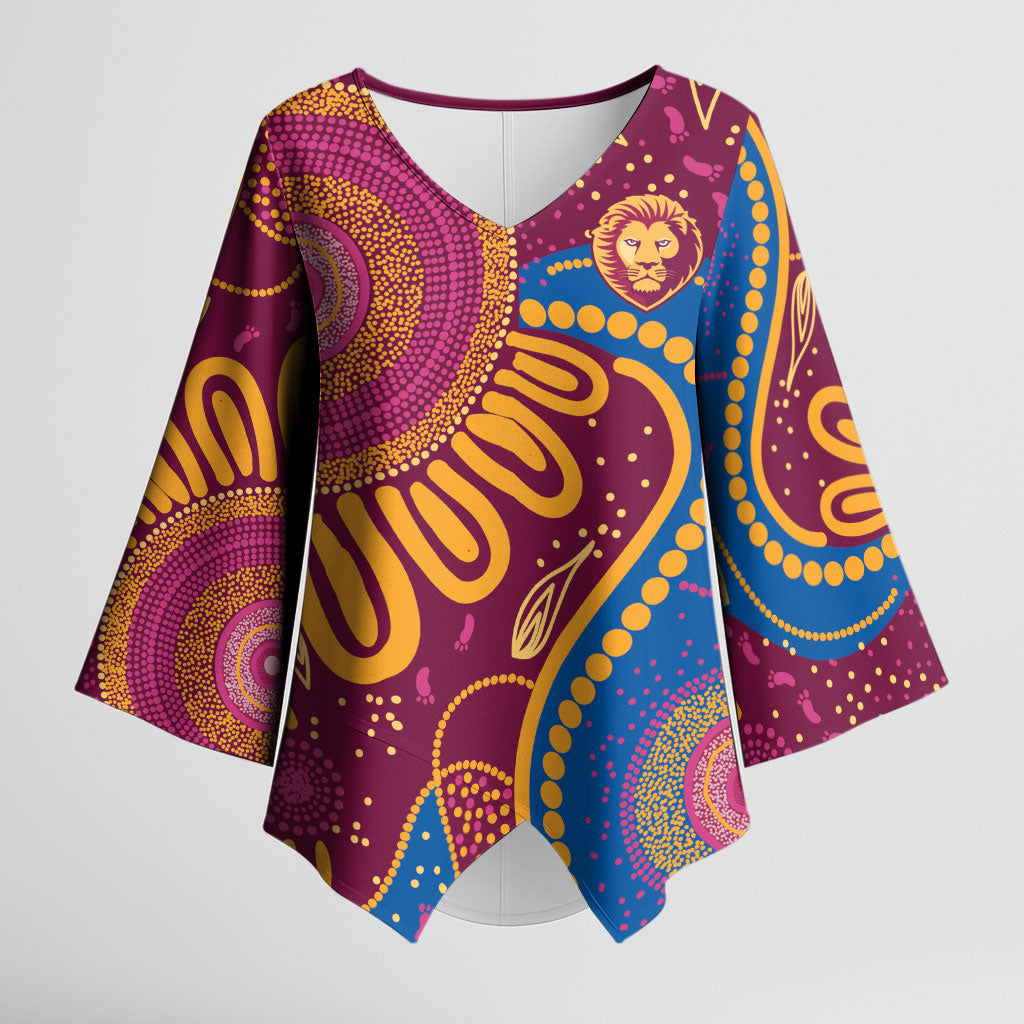 Brisbane Lions Championship Legacy Kimono Sleeve Blouse Six Premiership Years Aboriginal Dot Art