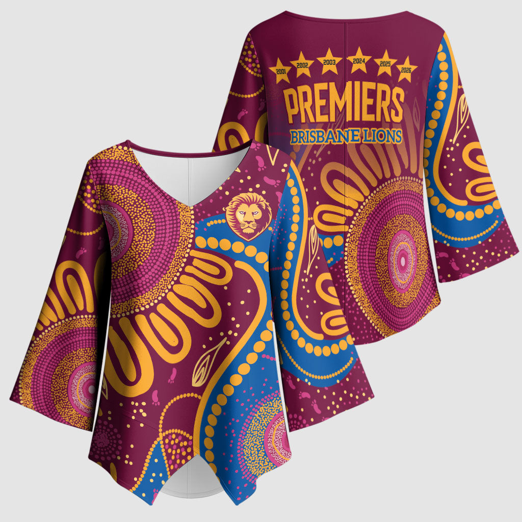 Brisbane Lions Championship Legacy Kimono Sleeve Blouse Six Premiership Years Aboriginal Dot Art