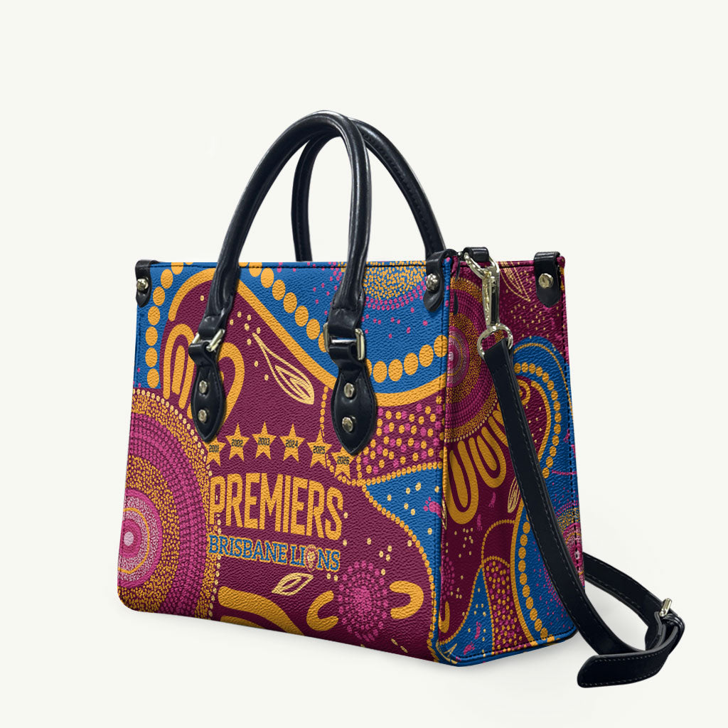Brisbane Lions Championship Legacy Leather Bag Six Premiership Years Aboriginal Dot Art
