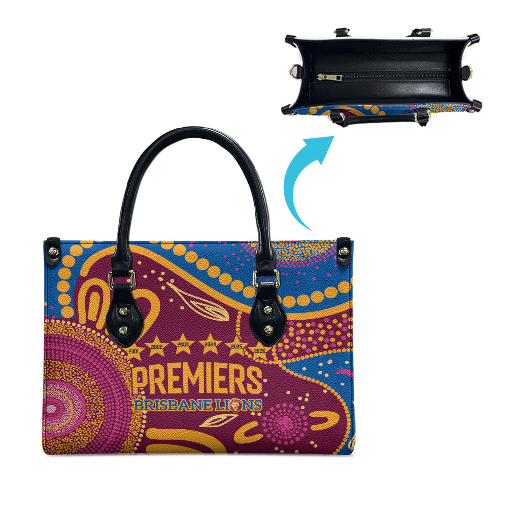 Brisbane Lions Championship Legacy Leather Bag Six Premiership Years Aboriginal Dot Art