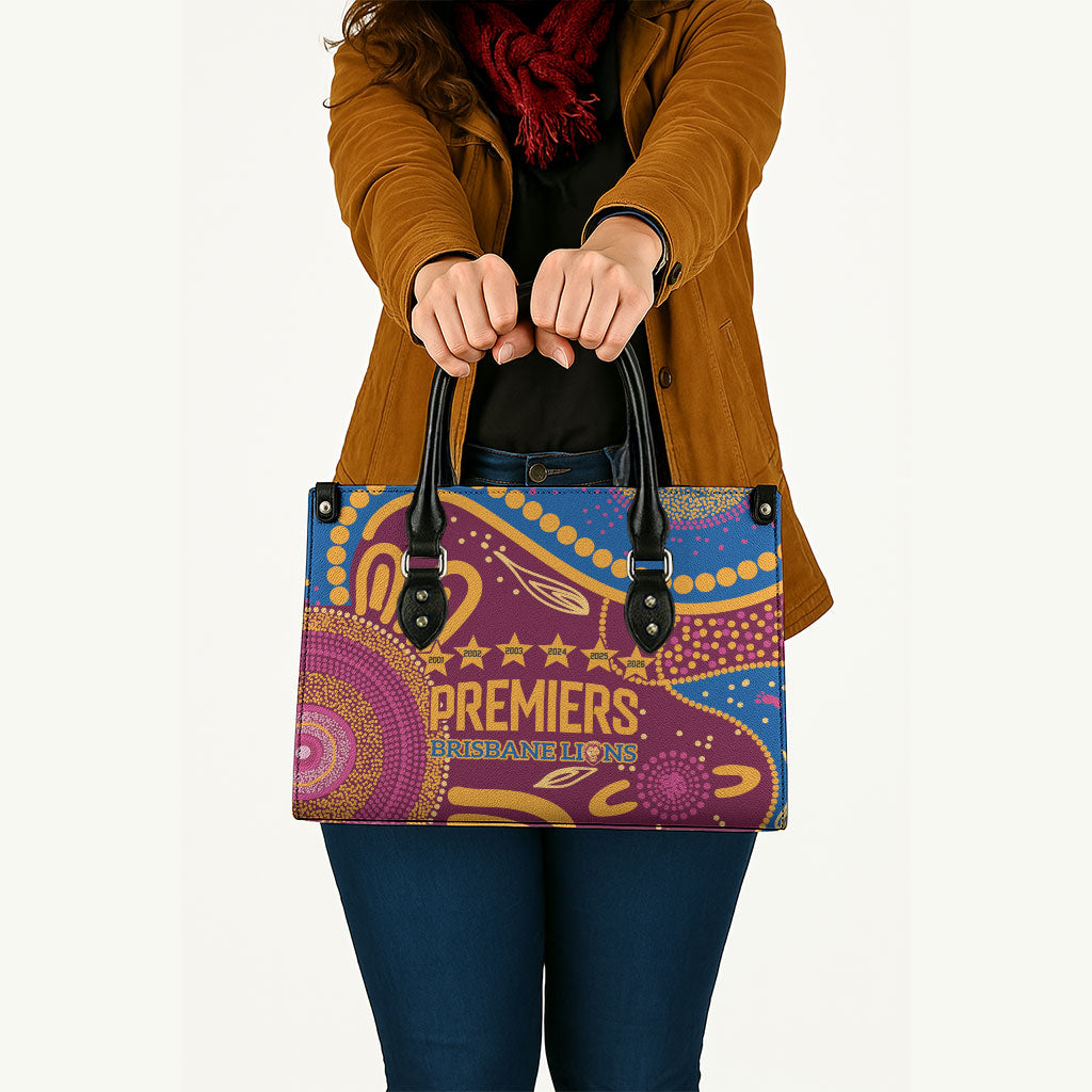 Brisbane Lions Championship Legacy Leather Bag Six Premiership Years Aboriginal Dot Art