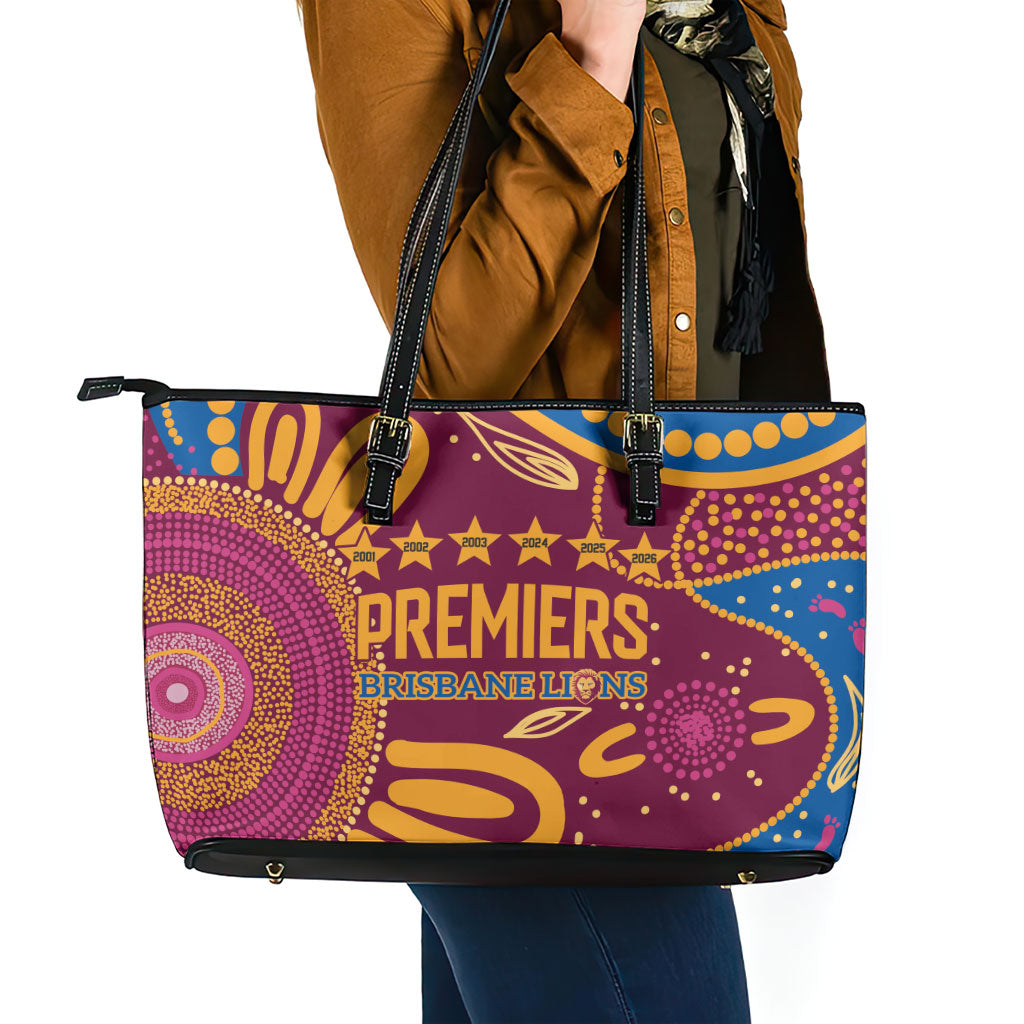 Brisbane Lions Championship Legacy Leather Tote Bag Six Premiership Years Aboriginal Dot Art