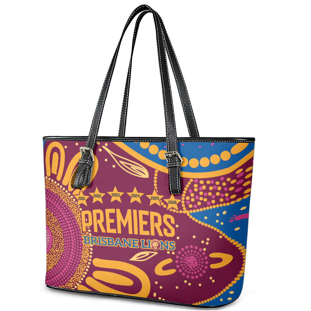 Brisbane Lions Championship Legacy Leather Tote Bag Six Premiership Years Aboriginal Dot Art