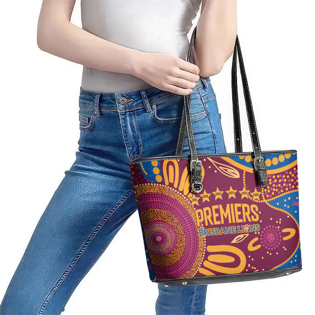 Brisbane Lions Championship Legacy Leather Tote Bag Six Premiership Years Aboriginal Dot Art