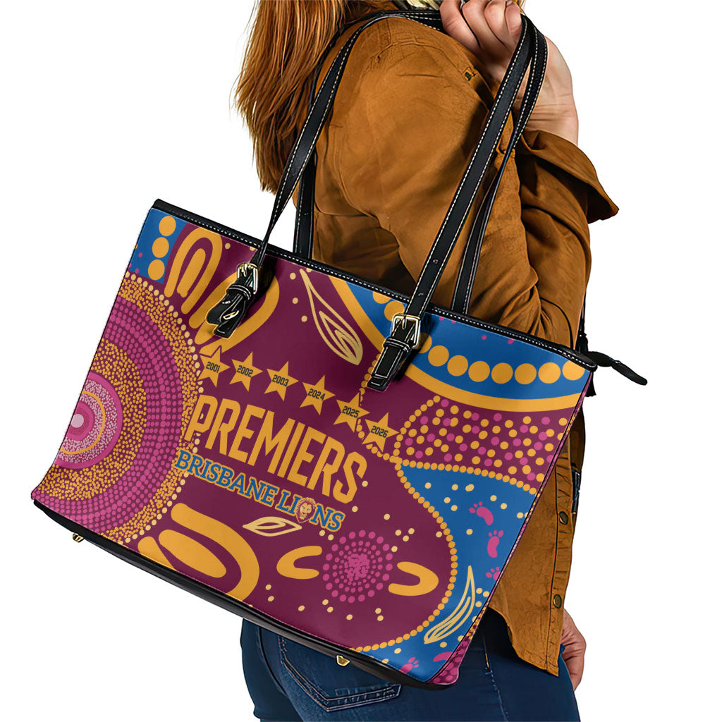 Brisbane Lions Championship Legacy Leather Tote Bag Six Premiership Years Aboriginal Dot Art