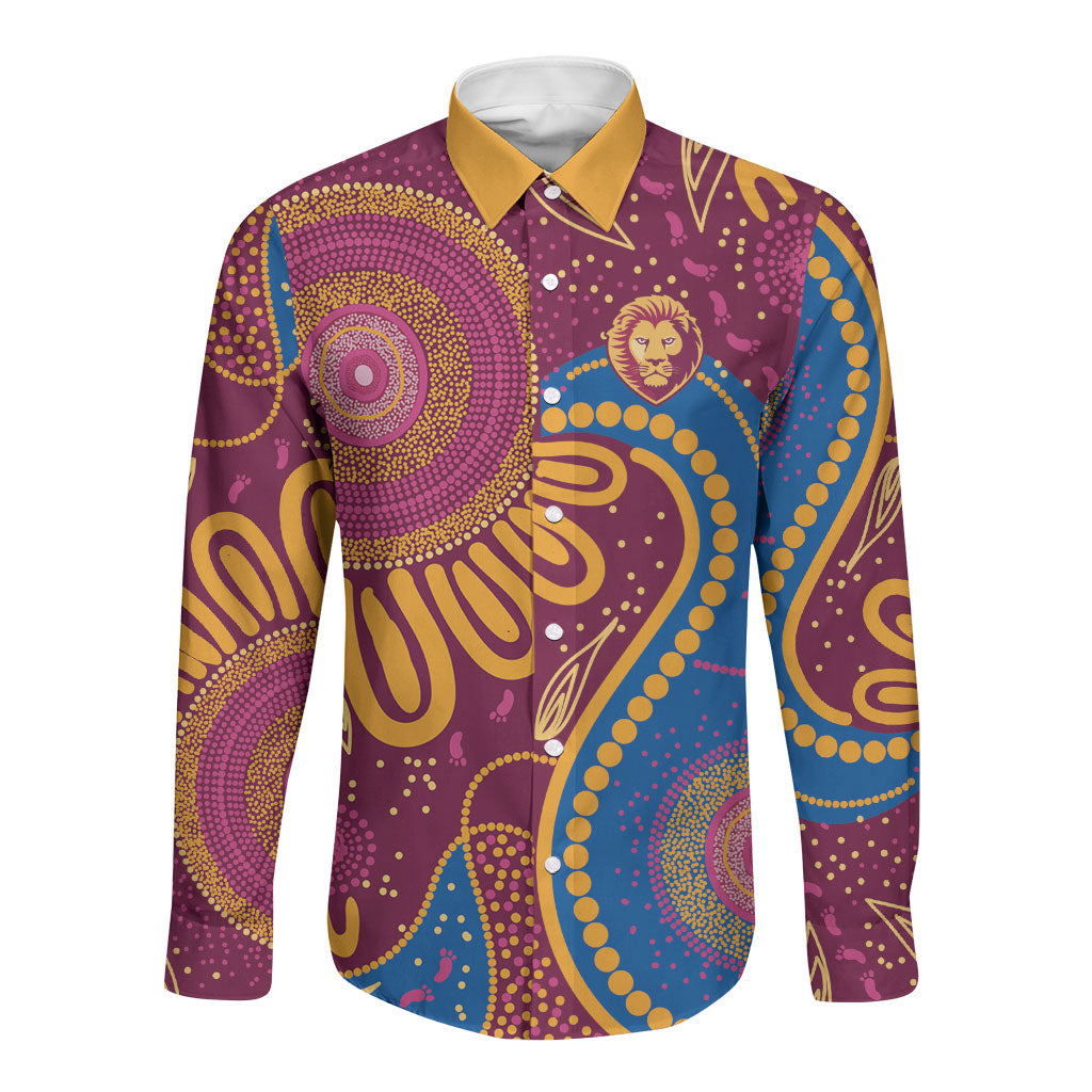 Brisbane Lions Championship Legacy Long Sleeve Button Shirt Six Premiership Years Aboriginal Dot Art