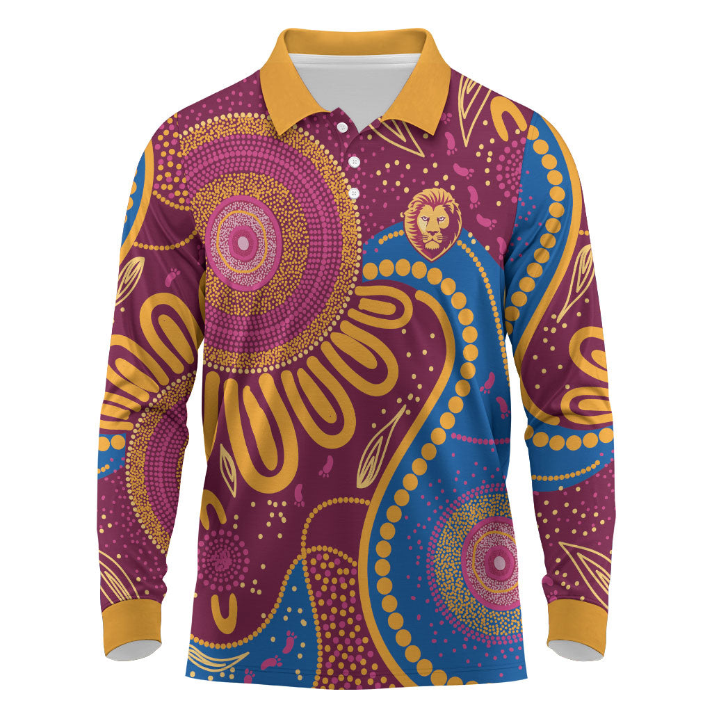 Brisbane Lions Championship Legacy Long Sleeve Polo Shirt Six Premiership Years Aboriginal Dot Art