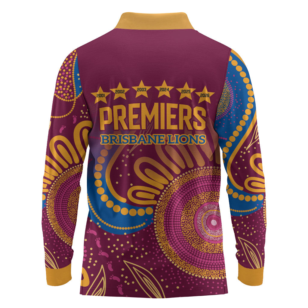 Brisbane Lions Championship Legacy Long Sleeve Polo Shirt Six Premiership Years Aboriginal Dot Art