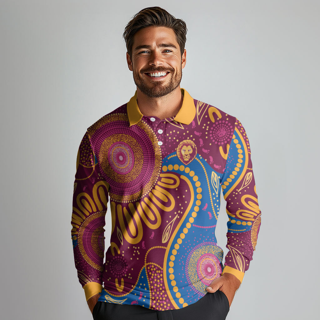 Brisbane Lions Championship Legacy Long Sleeve Polo Shirt Six Premiership Years Aboriginal Dot Art