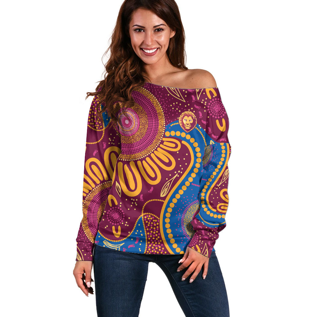 Brisbane Lions Championship Legacy Off Shoulder Sweater Six Premiership Years Aboriginal Dot Art