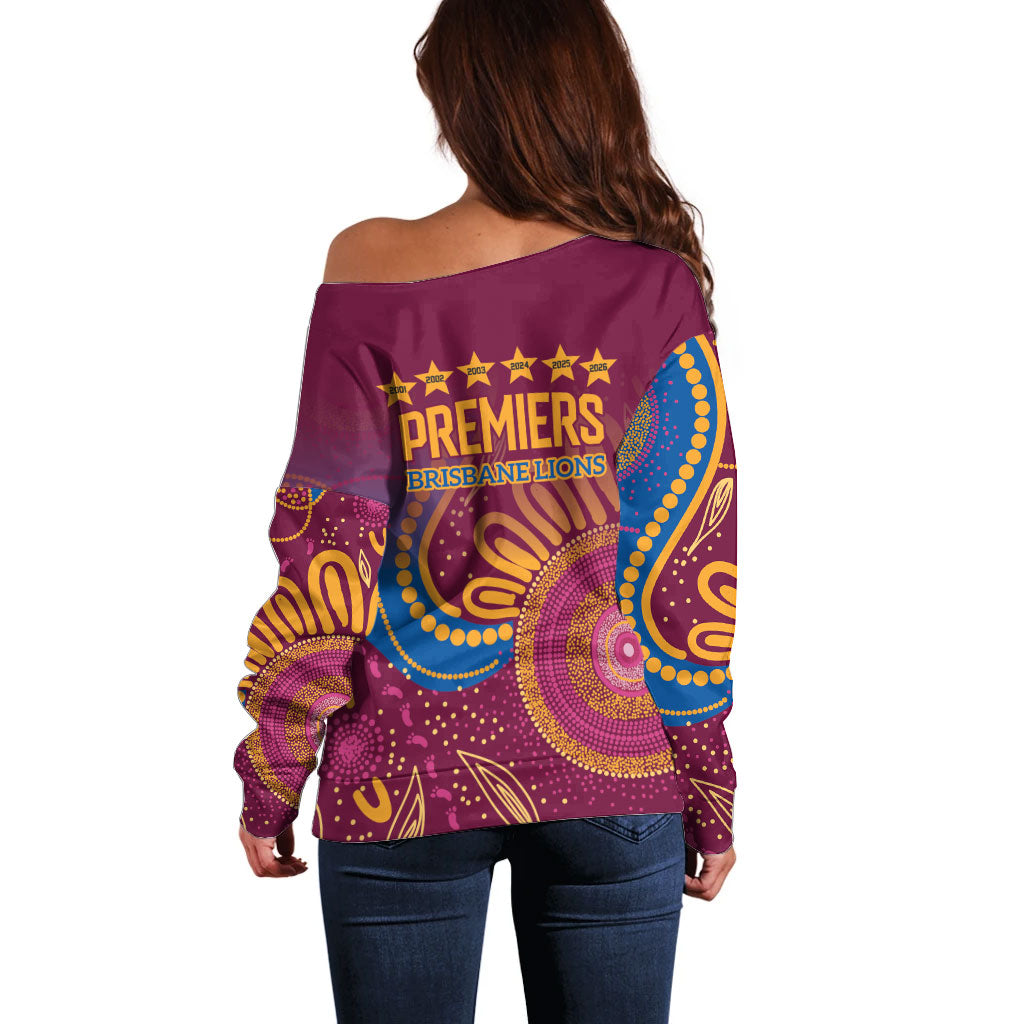 Brisbane Lions Championship Legacy Off Shoulder Sweater Six Premiership Years Aboriginal Dot Art