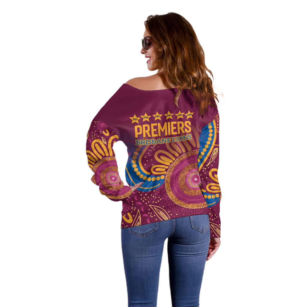 Brisbane Lions Championship Legacy Off Shoulder Sweater Six Premiership Years Aboriginal Dot Art