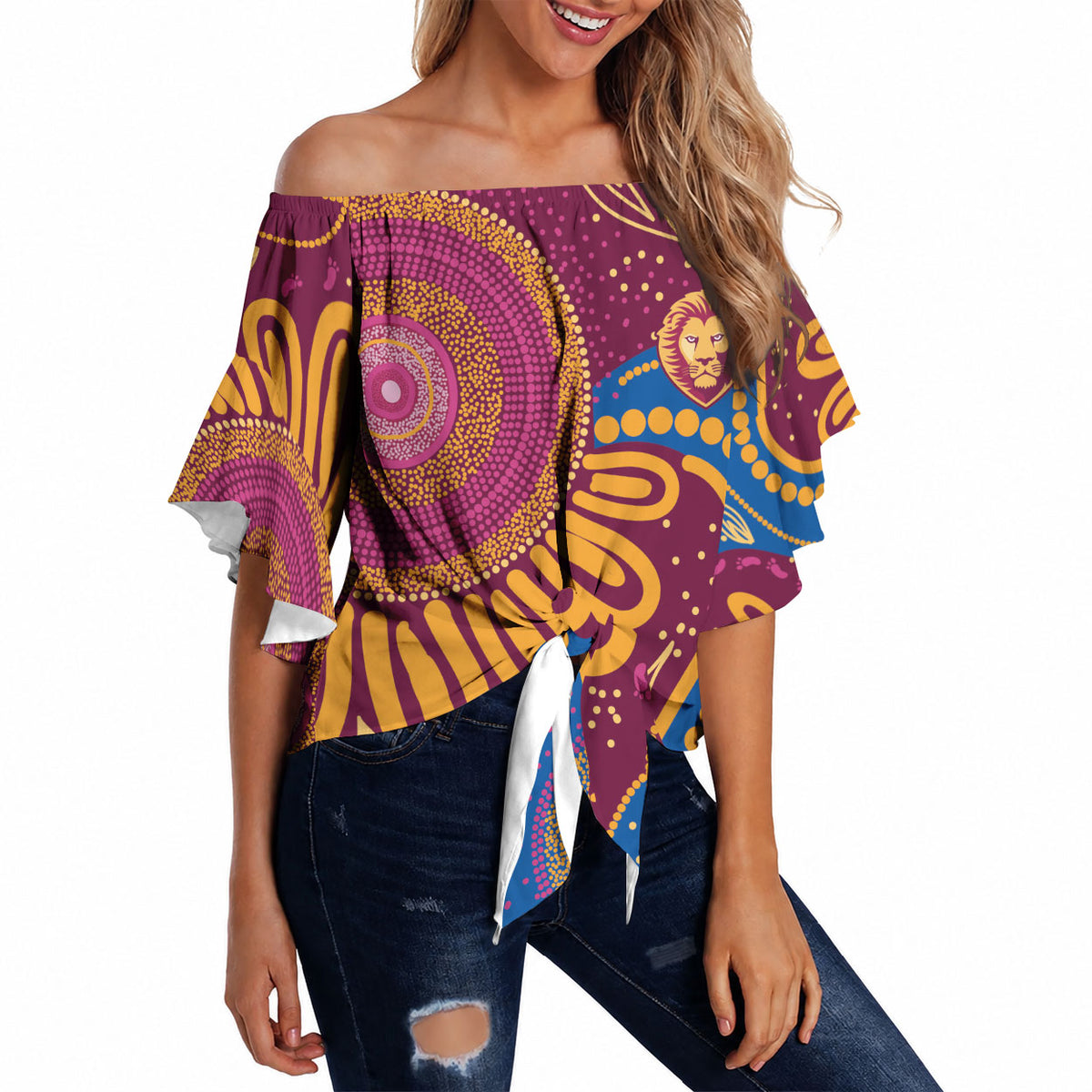 Brisbane Lions Championship Legacy Off Shoulder Wrap Waist Top Six Premiership Years Aboriginal Dot Art