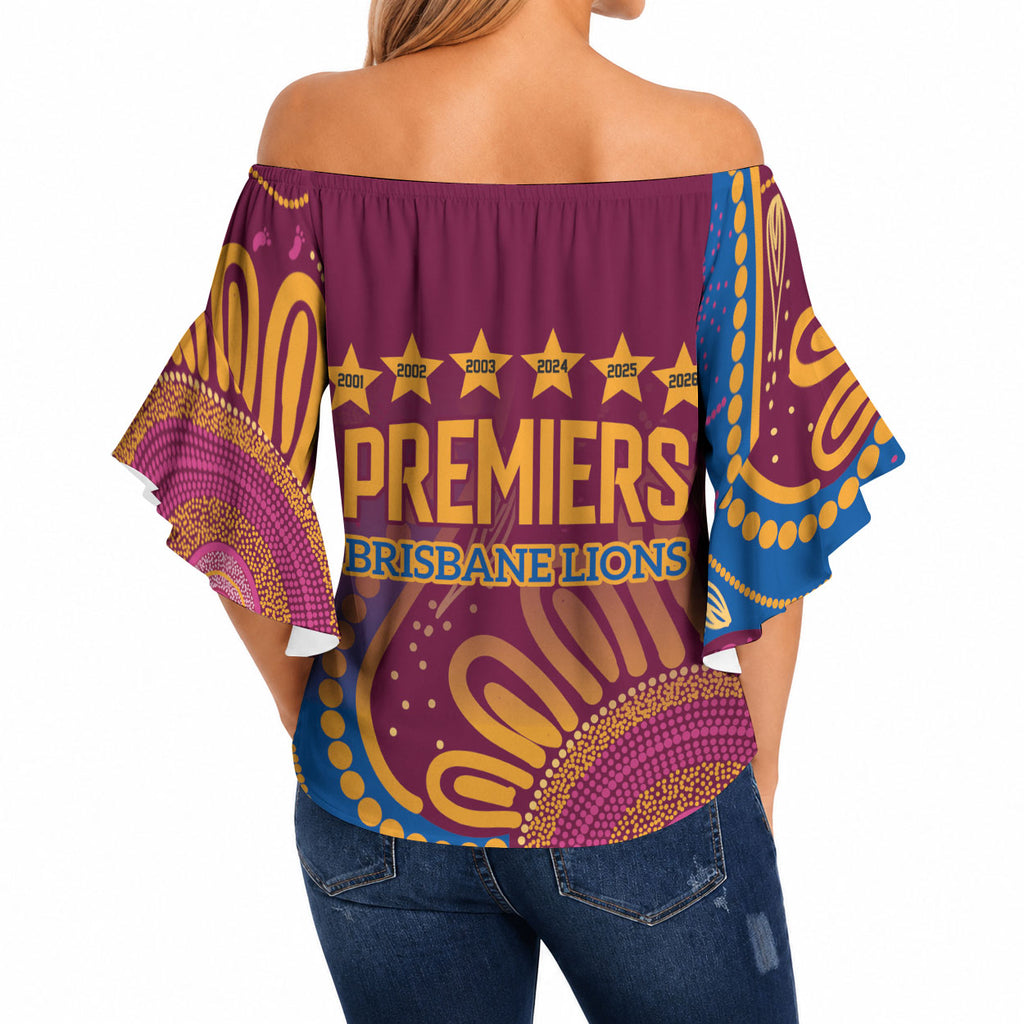 Brisbane Lions Championship Legacy Off Shoulder Wrap Waist Top Six Premiership Years Aboriginal Dot Art