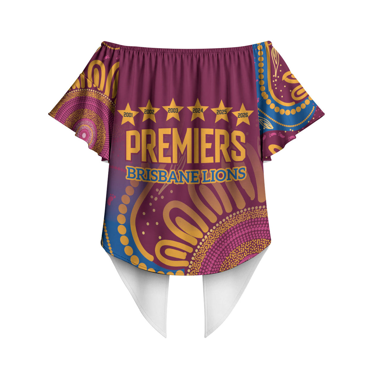 Brisbane Lions Championship Legacy Off Shoulder Wrap Waist Top Six Premiership Years Aboriginal Dot Art