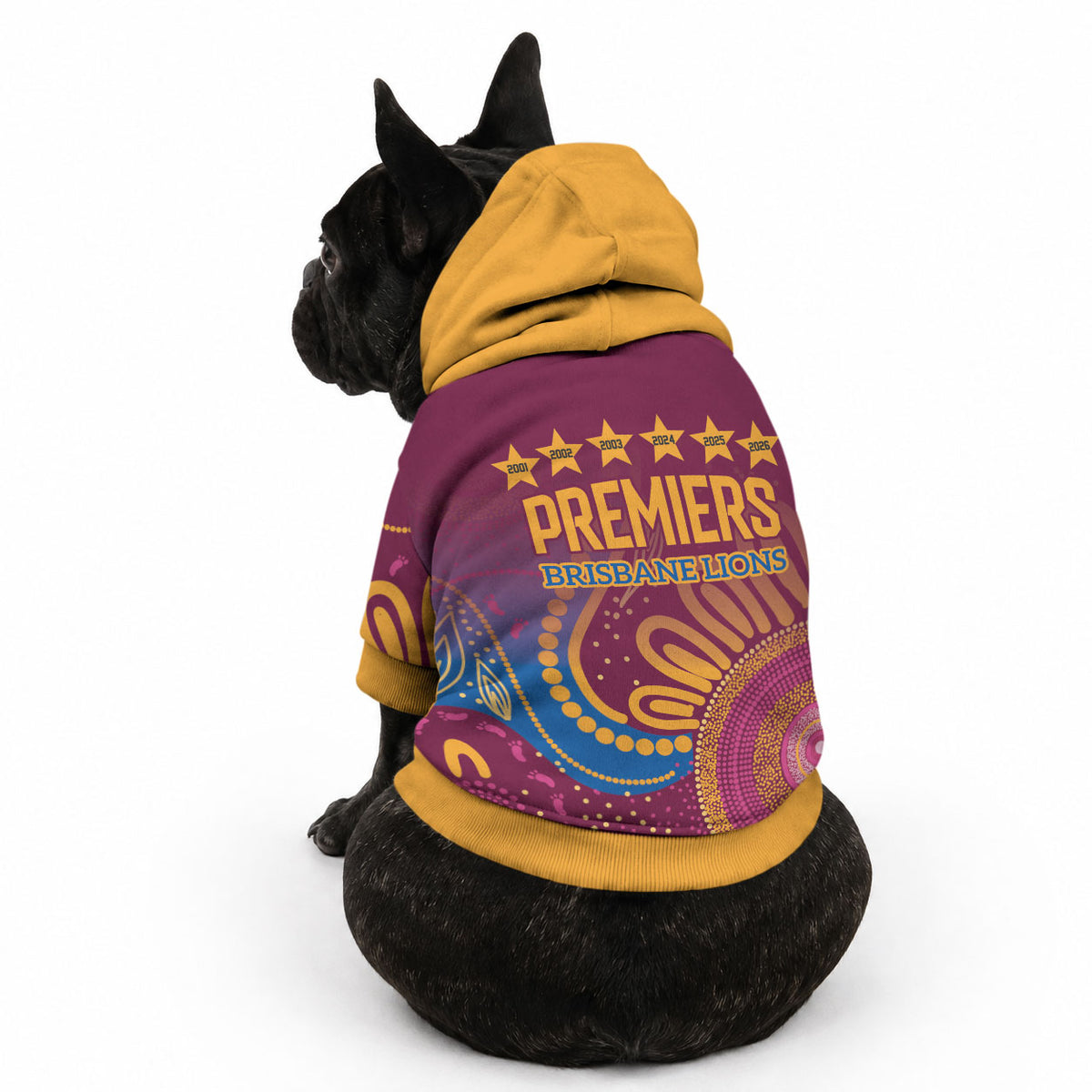 Brisbane Lions Championship Legacy Pet Hoodie Six Premiership Years Aboriginal Dot Art
