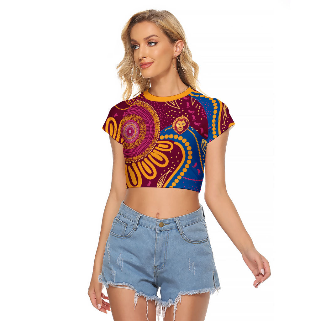 Brisbane Lions Championship Legacy Raglan Cropped T Shirt Six Premiership Years Aboriginal Dot Art