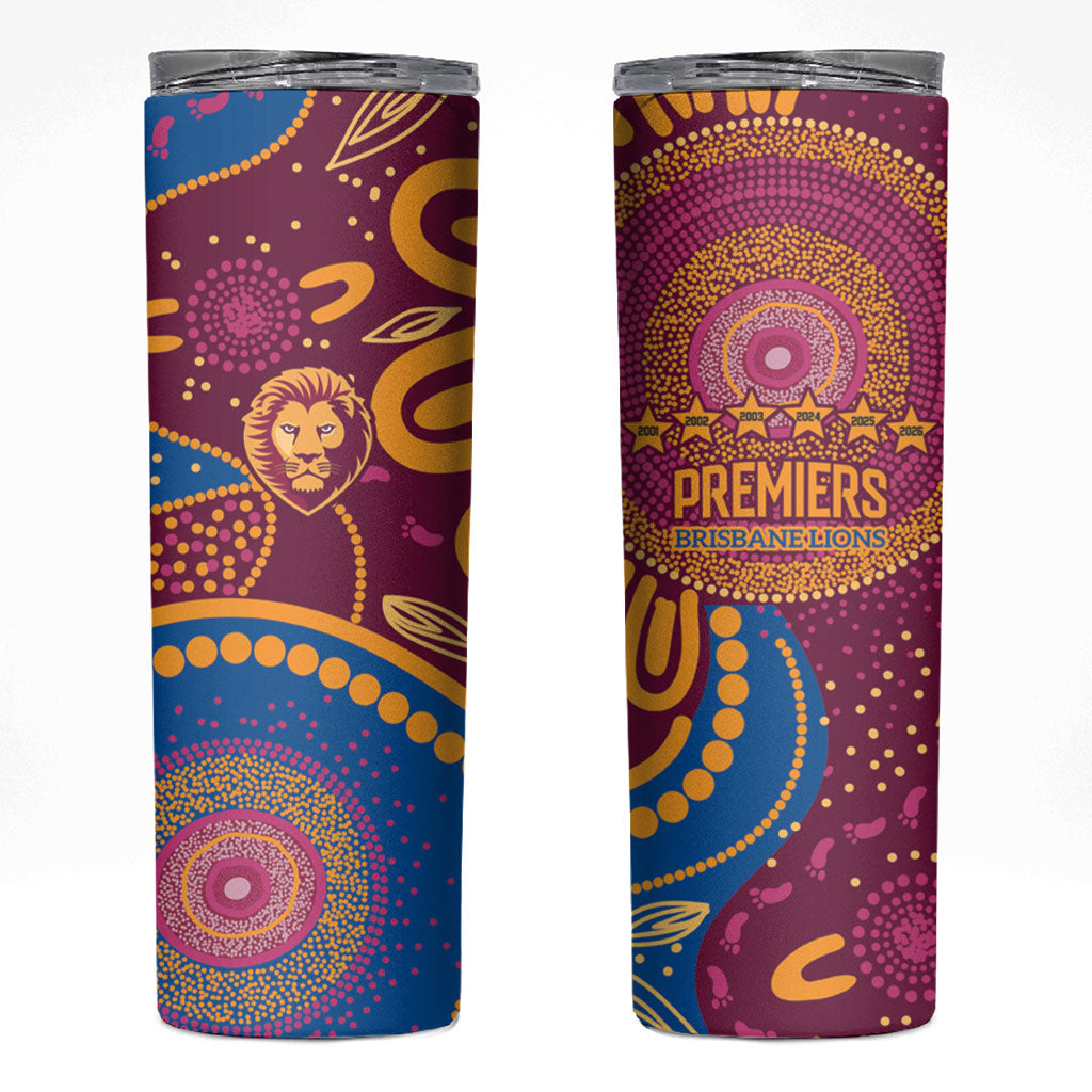 Brisbane Lions Championship Legacy Skinny Tumbler Six Premiership Years Aboriginal Dot Art