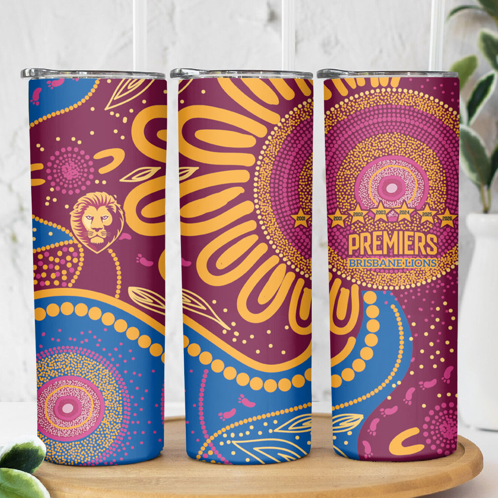 Brisbane Lions Championship Legacy Skinny Tumbler Six Premiership Years Aboriginal Dot Art