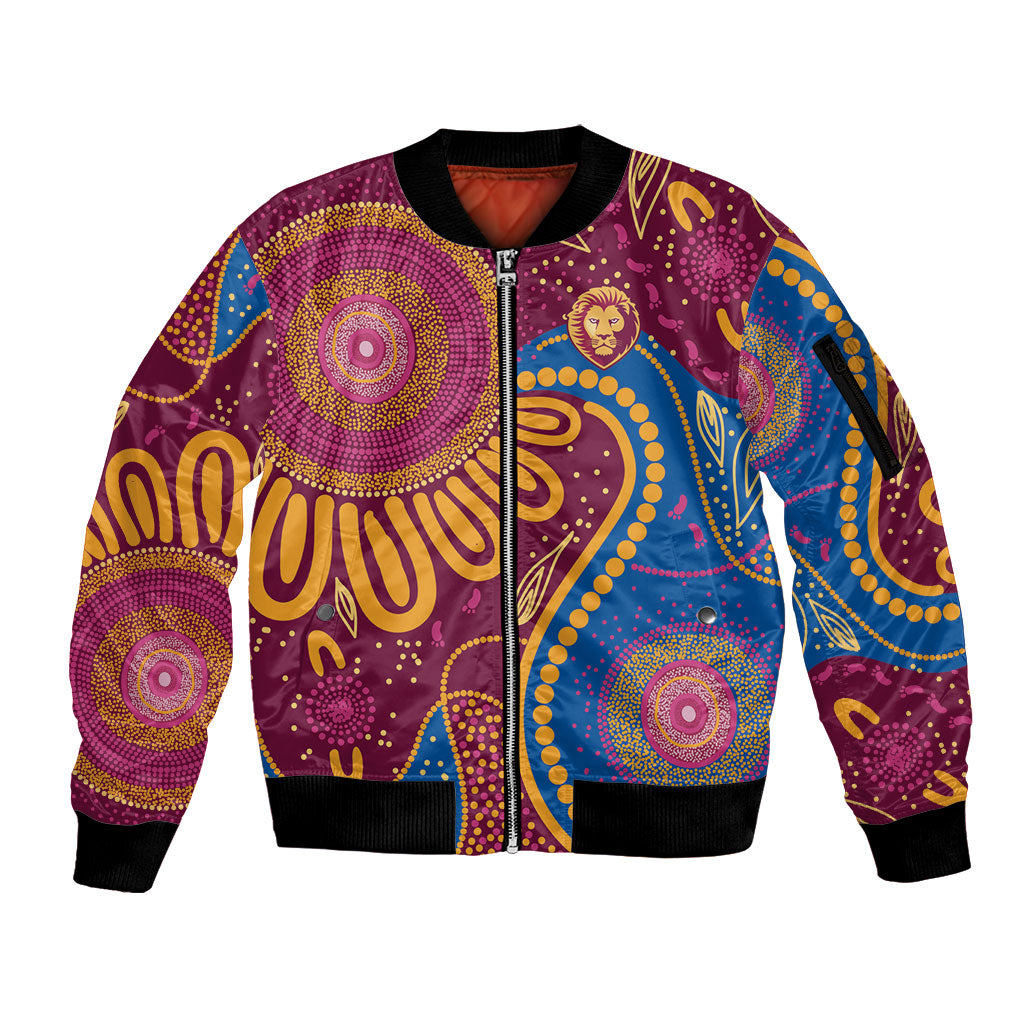 Brisbane Lions Championship Legacy Sleeve Zip Bomber Jacket Six Premiership Years Aboriginal Dot Art