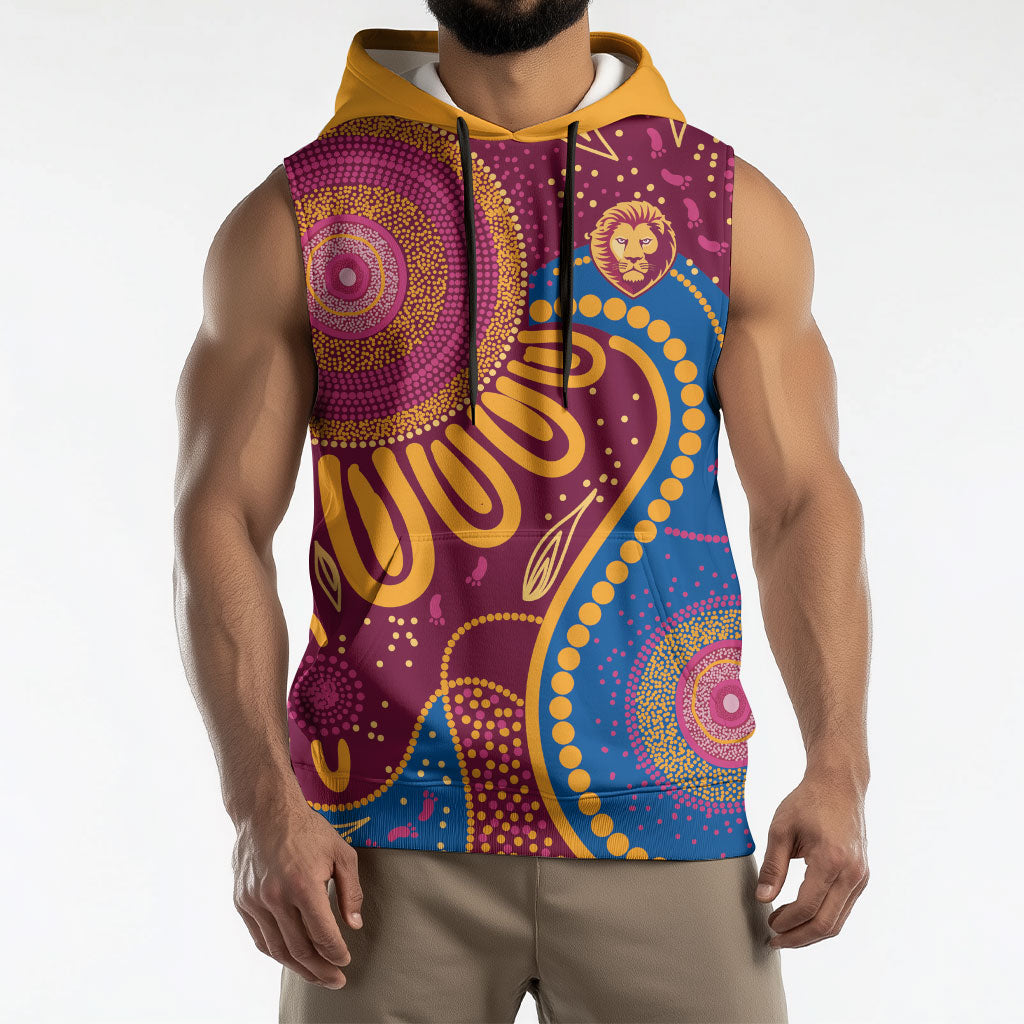 Brisbane Lions Championship Legacy Sleeveless Hoodie Six Premiership Years Aboriginal Dot Art