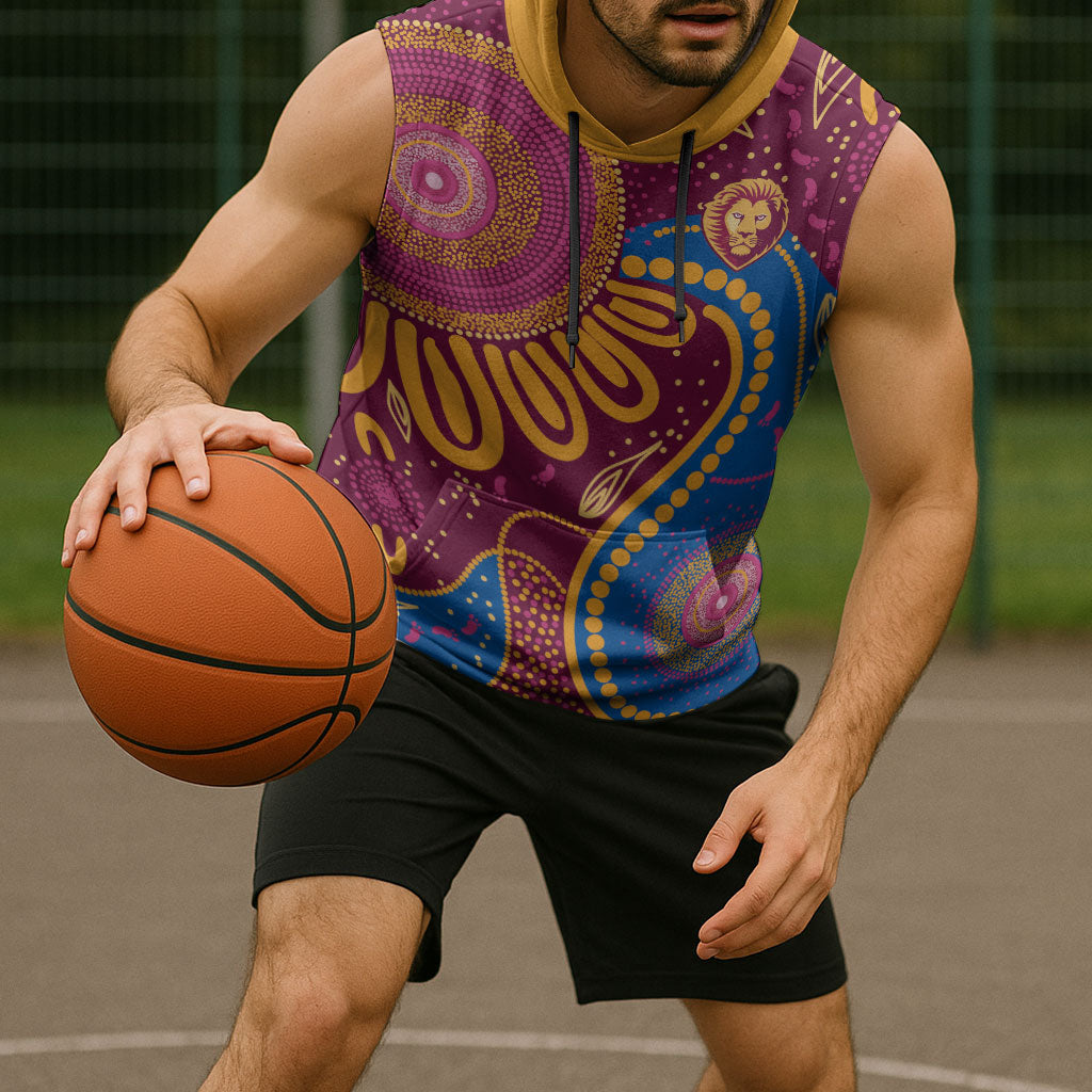 Brisbane Lions Championship Legacy Sleeveless Hoodie Six Premiership Years Aboriginal Dot Art