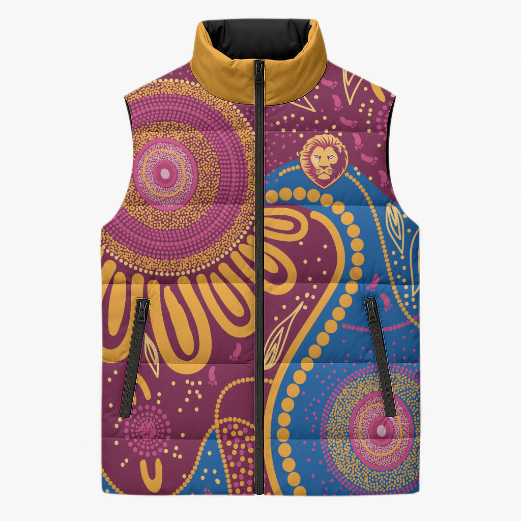 Brisbane Lions Championship Legacy Sleeveless Puffer Jacket Six Premiership Years Aboriginal Dot Art